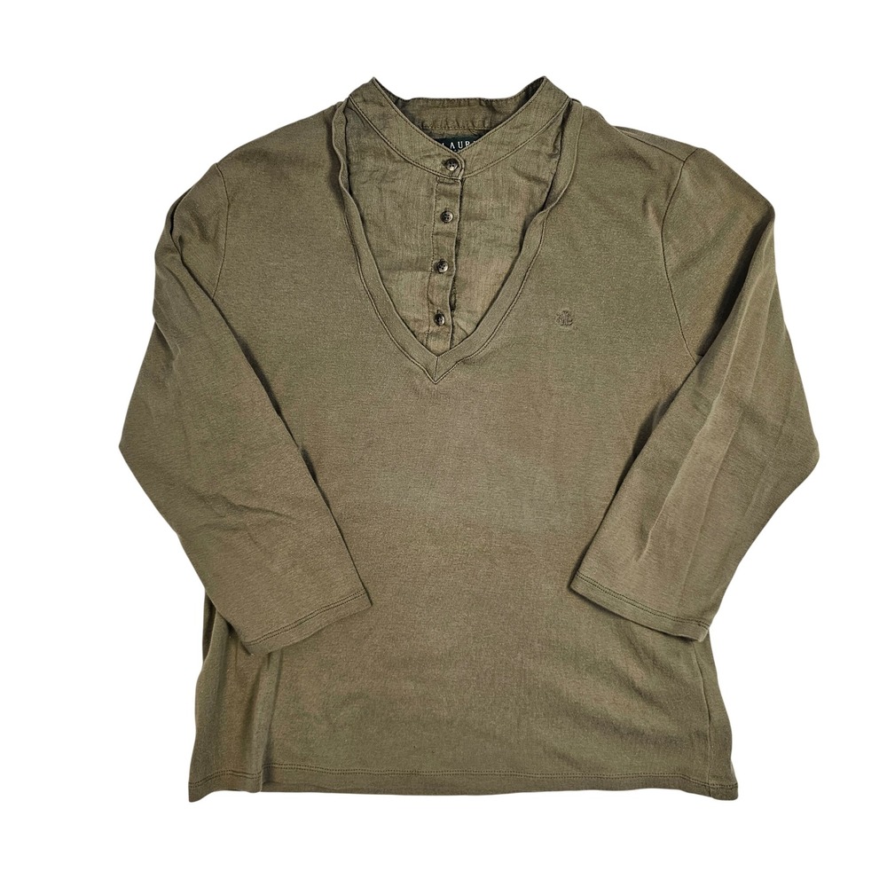Lauren Ralph Lauren Olive Green Layered‎ Henley V-Neck Cotton Top Womens Medium